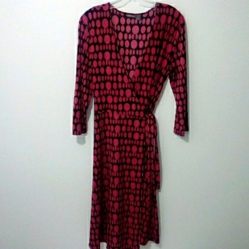 Black with pink polka dot print wrap dress